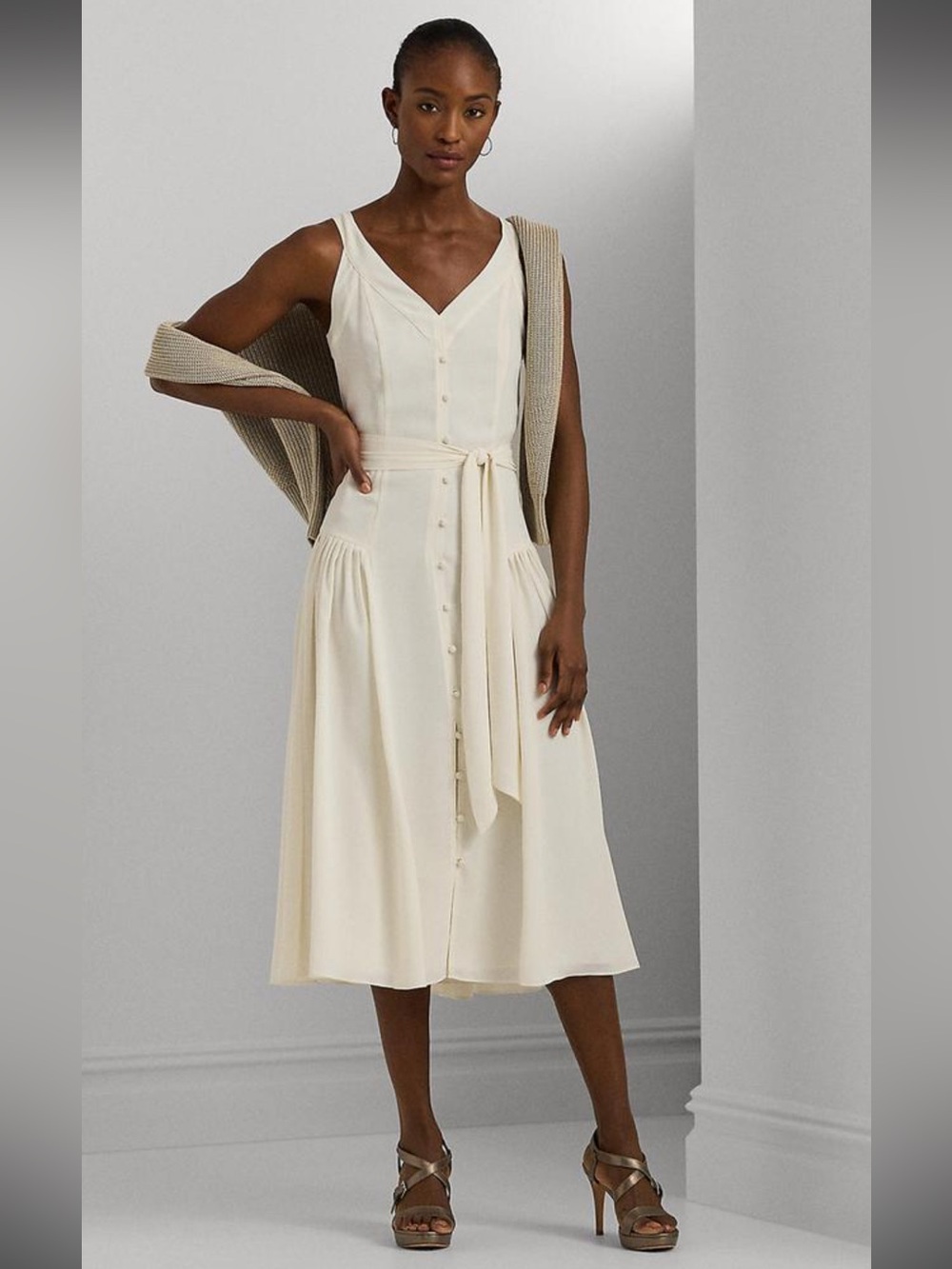Ralph Lauren Cream Button-Front V-Neck Midi Dress with Tie Waist